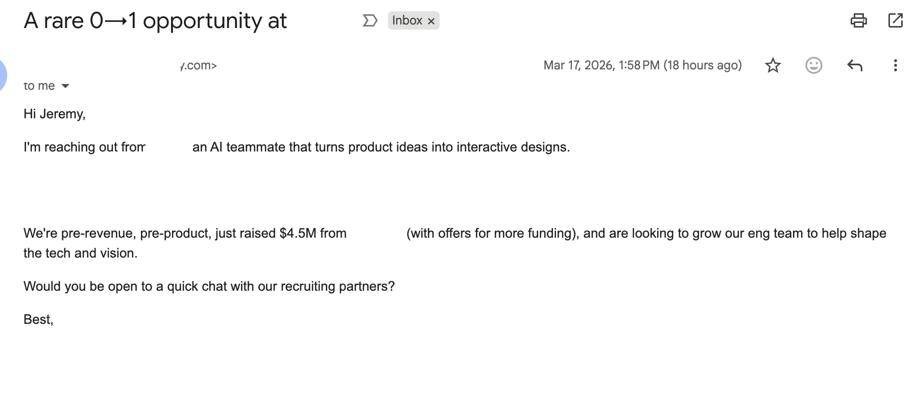 A typical cold email: pre-revenue, pre-product, just raised $4.5M
