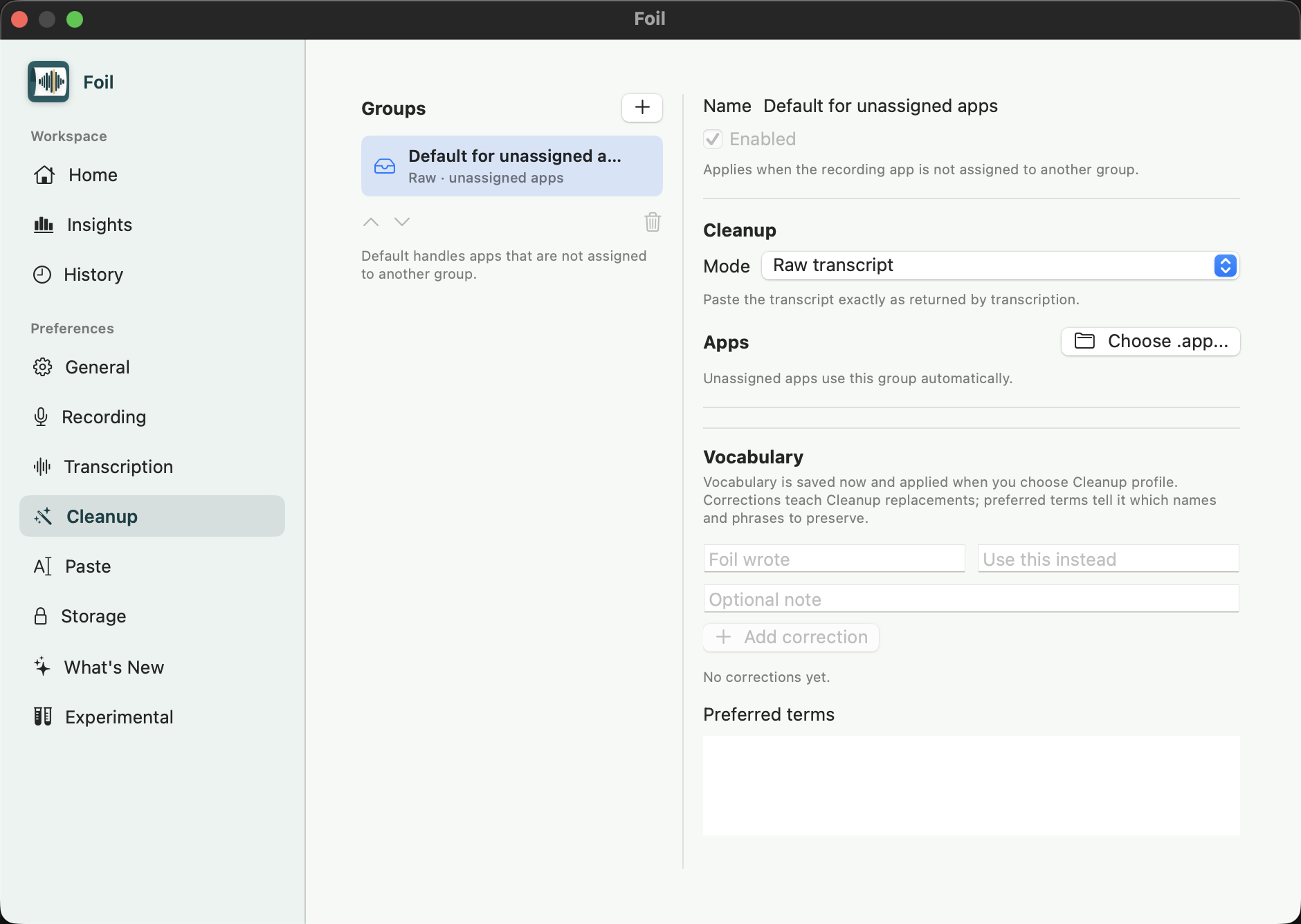 Foil Cleanup Groups settings