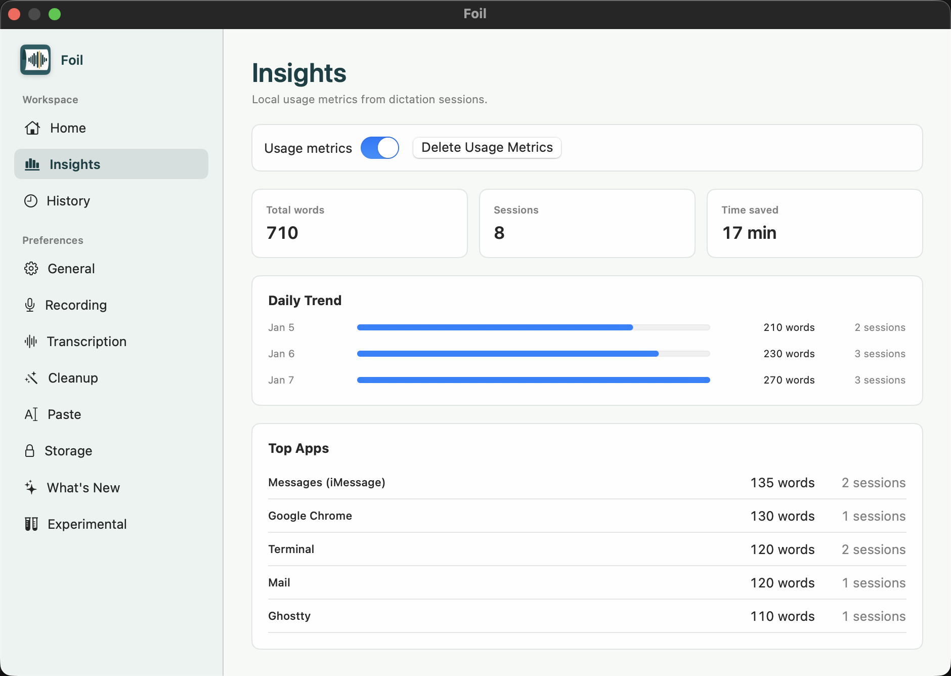 Foil local usage insights