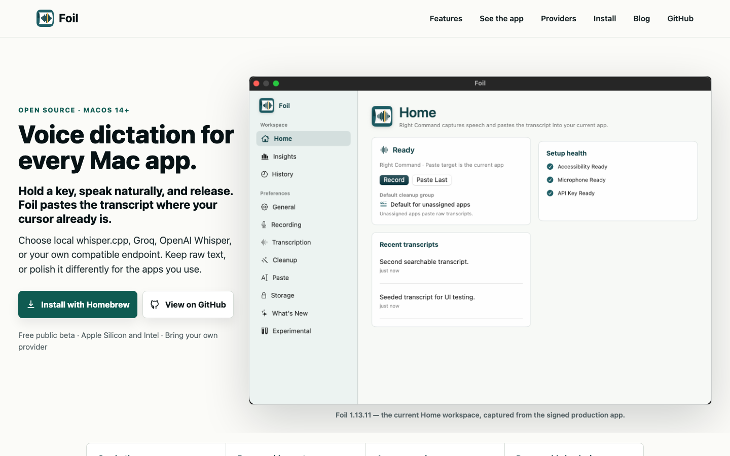 The Foil landing page hero with the current signed Mac app