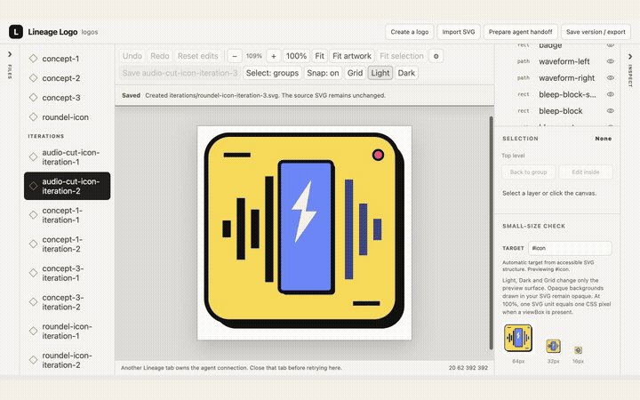 Fine-tuning SVG logo layers and reviewing an agent's polish