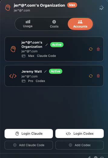 CCSwitcher Codex usage dashboard