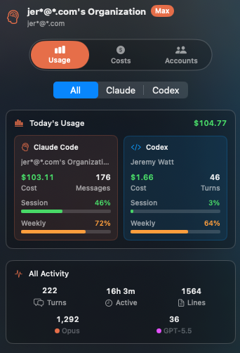 CCSwitcher Codex account dashboard