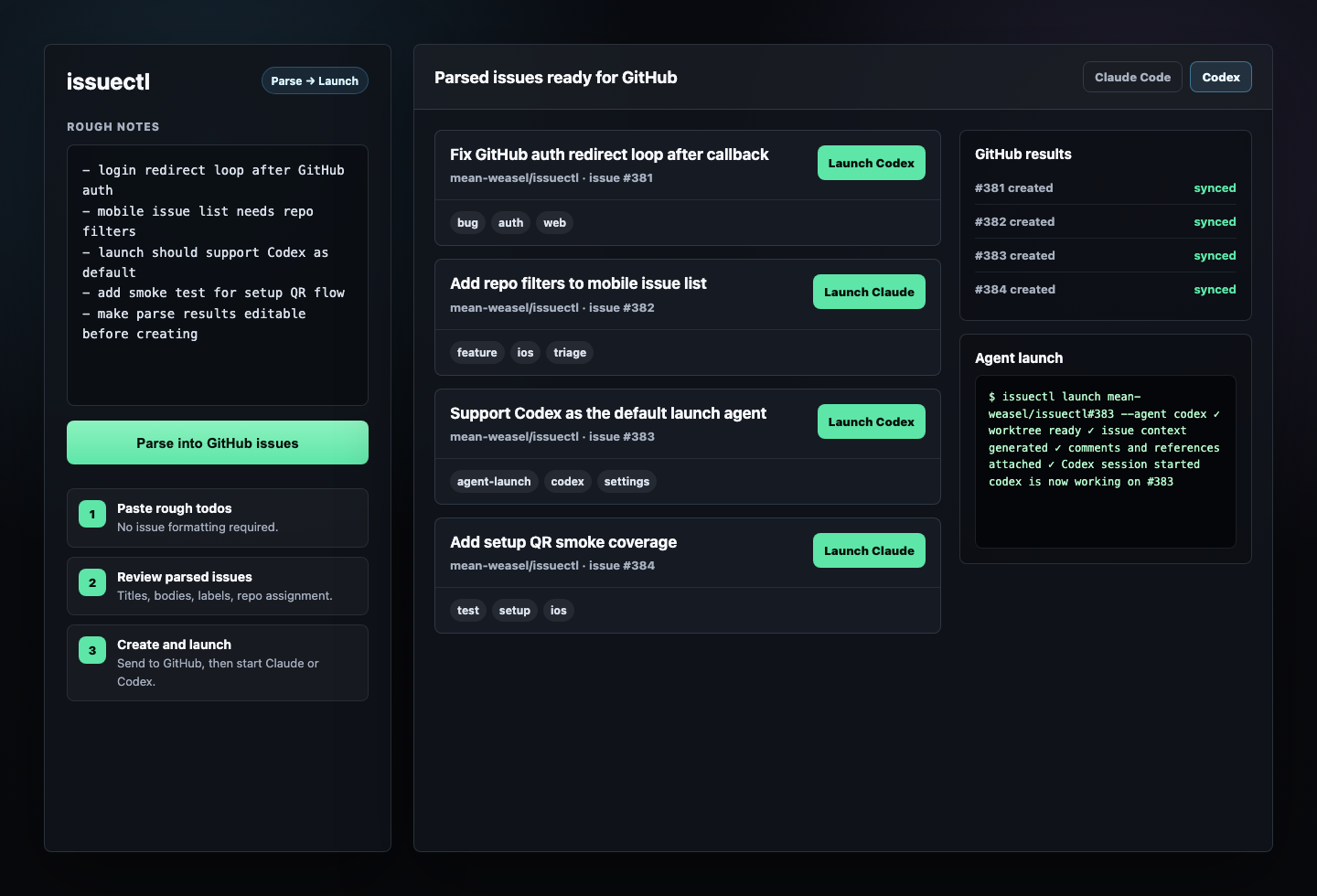 issuectl parse to launch flow